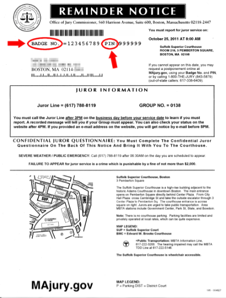 Photograph of an official reminder notice for juror service, highlighting the badge number at the top left of the document, and the PIN number is to the right of the badge number.