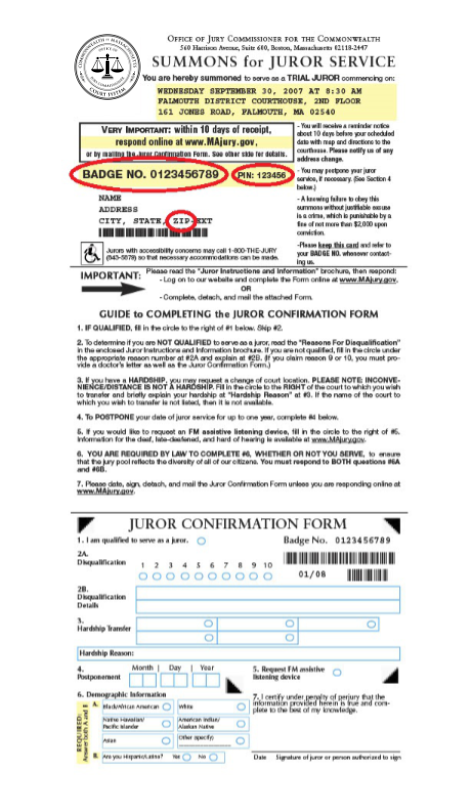 Photograph of an official summons for juror service, highlighting the badge number at the upper left of the document, and the PIN number is to the right of the badge number. Your ZIP code can be found in lower right of the address line.