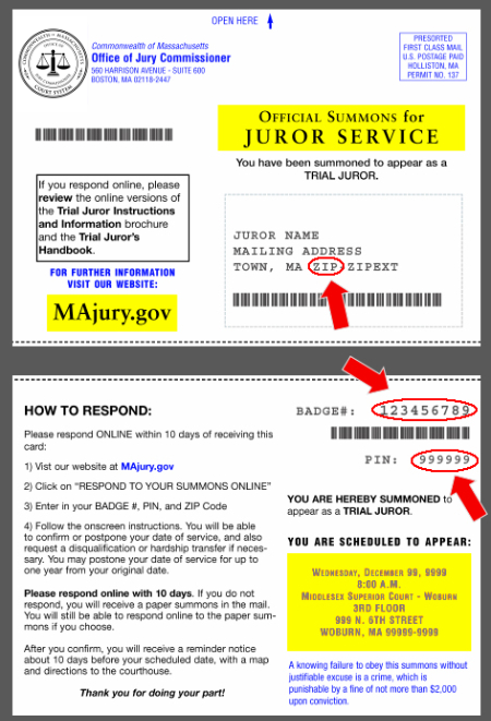 Photograph of an official postcard summons for juror service, highlighting the ZIP code in the address line. On the back side, the badge number is at the top right, with the PIN number below the badge number.